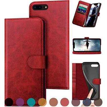 Imagem de DuckSky Capa carteira de couro legítimo para iPhone 7 Plus/8 Plus 【Bloqueio RFID】【Suporte para 4 cartões de crédito】【Couro real】 Capa protetora flip folio book capa protetora feminina masculina para Apple 8 Plus capa vermelha