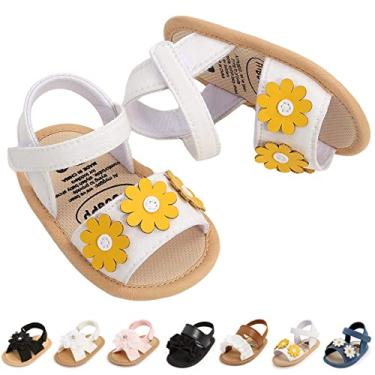 Imagem de GDSDYM Sandálias de verão para bebês meninas com laço de flor, sola macia, sapatos rasteirinhos, para recém-nascidos, primeiros andadores, berço, A04 Branco, 0-6 meses