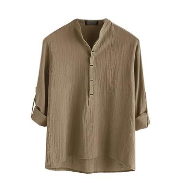 Imagem de Camisa masculina casual de algodão e linho de manga comprida cor sólida camisa de praia com botões, Marrom, XG