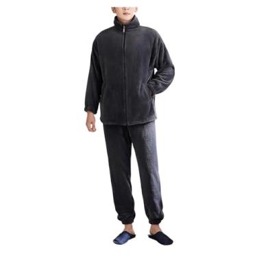 Imagem de Conjunto de pijama masculino de flanela com zíper, conjunto de pijama com lapela e gola com bolso, 2 peças, Cinza, M