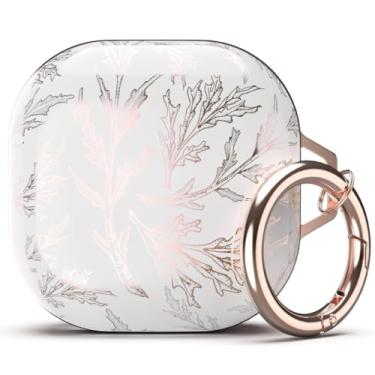 Imagem de TATOFY Capa para Galaxy Buds - FE, 2 Pro, 2, Pro, Live, Golden Leaf Golden Flower Capa rígida com mosquetão, suporta carregamento sem fio (branco e dourado)