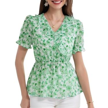 Imagem de GRACE KARIN Blusas femininas casuais elegantes de chiffon com babados manga curta peplum blusas de verão floral decote em V camisas rodadas, Verde, GG