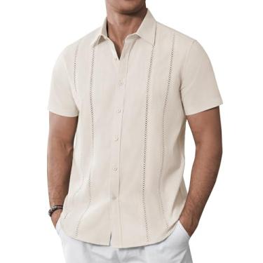 Imagem de Alimens & Gentle Camisetas masculinas Guayabera cubana, algodão, linho, manga curta, abotoadas, casual, verão, praia, acampamento, Branco cremoso., 3G