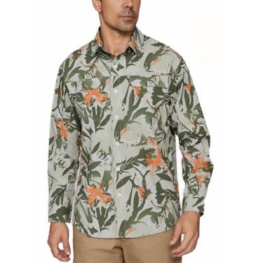 Imagem de PIQIDIG Camisetas masculinas de manga comprida com proteção solar FPS 50+, secagem rápida, botões, caminhadas, pesca, acampamento, viagem, trabalho, Flores de laranja, GG