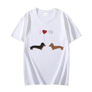 Imagem de I Love You Dachshund Camisetas estampadas unissex casual manga curta camisetas femininas, Branco, 5G