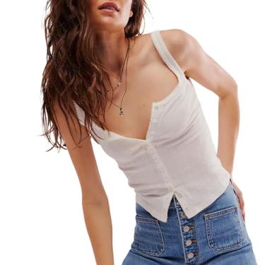 Imagem de Lairauiy Camisetas femininas de cor sólida, botões, sem mangas, costas nuas, coletes de verão, streetwear, Marfim, M