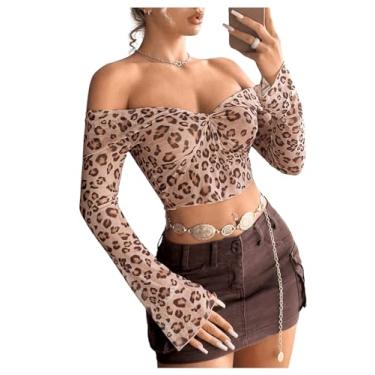 Imagem de Floerns Camisetas femininas com estampa de leopardo, ombros de fora, manga rodada, franzida, Marrom, G