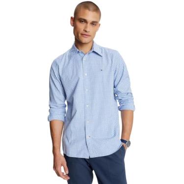 Imagem de Tommy Hilfiger Camisa masculina de manga comprida com botões em ajuste clássico, Boia guingão azul/branco, M
