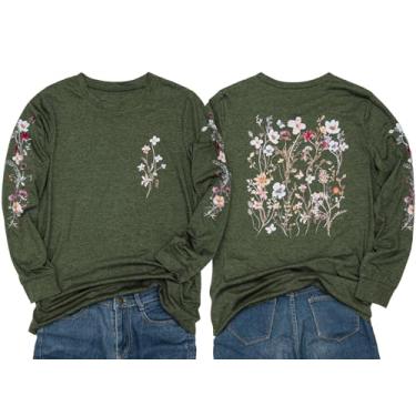 Imagem de Camiseta feminina de manga comprida com estampa de flores, casual, boêmio, flores silvestres, vintage, botânica, natureza, tops, Verde, G