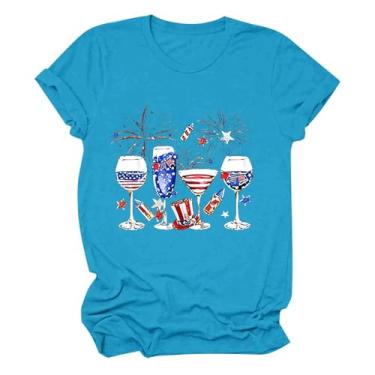 Imagem de Camiseta feminina com a bandeira americana 4 de julho com estampa de vinho, manga curta, patriótica, gola redonda, Azul-celeste, GG