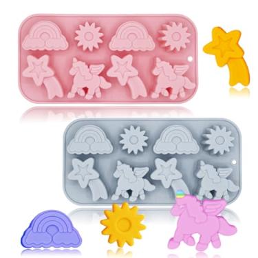 Imagem de Pacote com 2 moldes de unicórnio de silicone 8 cavidades 3D com tema de unicórnio voador com desenho animado arco-íris meteoros sol para festa infantil, topo de bolo de chocolate, sobremesa, mousse,
