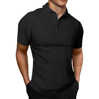 Imagem de JMIERR Camisa polo masculina de malha com botões, texturizada, casual, cor sólida, caimento justo, manga curta, camiseta de golfe de verão, Preto, G