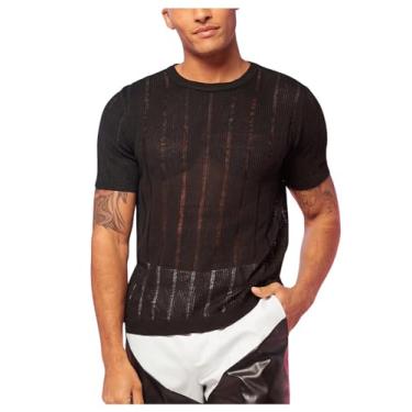 Imagem de GORGLITTER Camiseta masculina de malha vazada, manga curta, gola redonda, Preto, P