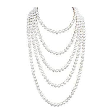 Imagem de Cizoe Colar de pérolas da década de 1920 com pérolas falsas acessórios Gatsby vintage bijuteria creme colar longo para mulheres, one size, Plástico, Sem pedras preciosas
