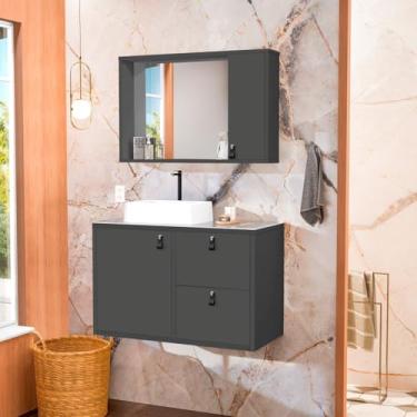Imagem de Conjunto Gabinete para Banheiro com Cuba de Sobrepor, Tampo de Vidro e Espelheira Toro 80 Vd Grafite