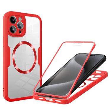 Imagem de POYUFRG Capa magnética para iPhone 15 Pro Max/15 Pro/15 Plus/15, protetor de tela integrado, capa de telefone transparente frente e verso, vermelha, 15 Plus de 6,7 polegadas