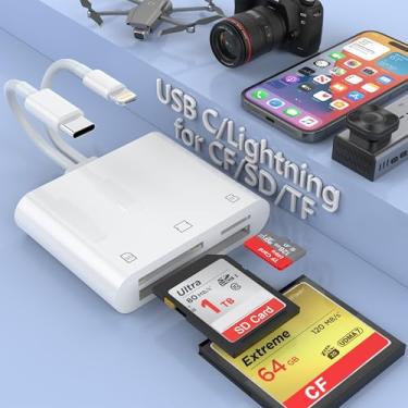 Imagem de Leitor de cartão de memória USB C+Lightning para CF/SD/Micro SD para iPhone/iPad, adaptador de câmera compacta flash para celular, visualizador digital Trail para iPhone 15/14/iPad/MacBook Pro/Air