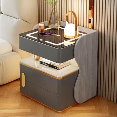 Imagem de Mesa de cabeceira com estação de carregamento USB e sem fio: mesa de cabeceira inteligente para mesa de sofá com cofre, três LEDs ajustáveis, móveis modernos de quarto com gavetas para sala de estar