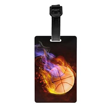 Imagem de Etiqueta de bagagem com tema esportivo infantil com estampa de basquete de fogo para meninos e meninas, etiqueta de nome pequena para mochila, identificadores de identificação pequenos engraçados, etiquetas de mala para bolsas de bagagem de viagem