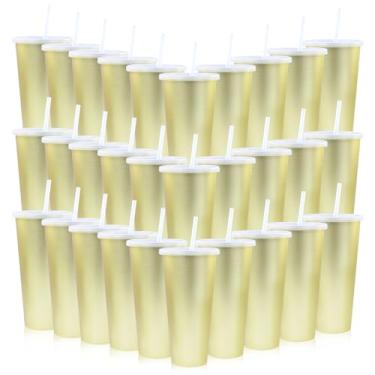 Imagem de Ahongwenxi Pacote com 30 copos de plástico dourado com tampas e canudos, copos de plástico descartáveis de 680 g, copos de café gelado, caneca de viagem para sucos, aniversário, despedida de solteira