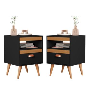 Imagem de Conjunto 2 Mesas de Cabeceira Sal Preto com Madeirado - Rede Móveis