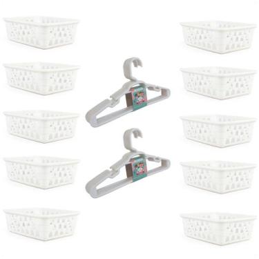 Imagem de Kit 10 Cestos P 16x12x6Cm e 10 Cabides Infantis Branco - 123Organizei