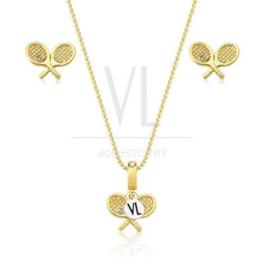 Imagem de Conjunto Colar e Brincos Raquetes de Tennis com Revestimento em Ouro -