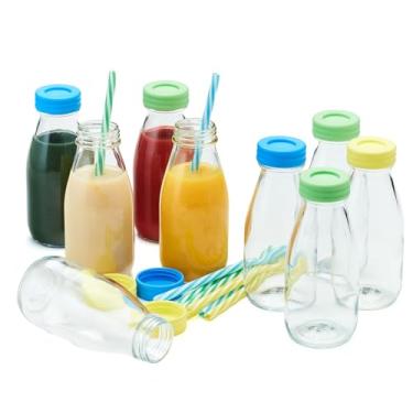 Imagem de Hayley Cherie - Garrafas de leite de vidro de 300 ml com tampas coloridas à prova de vazamento e canudos reutilizáveis (conjunto de 9) estilo vintage para vitaminas, sucos, bebidas infantis, café da manhã