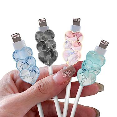 Imagem de Adorável protetor de cabo para iPhone Type-c Charger, padrão de mármore brilhante em forma de coração, conjunto de 4 peças, protetor de cabo de telefone para mulheres e meninas, protetor de cabo de carregamento, cortador de cabo, protetor de cabos