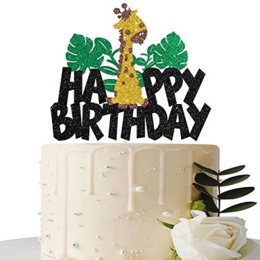 Imagem de Giraffe Birthday Cake Topper, Happy Birthday Cake Decor for Zoo Themed Kids Boy Girl 1st Two Birthday, Baby Shower Bday Party Supplies, Black Glitter