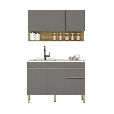 Imagem de Kit Balcão De Pia Sem Tampo E Aereo 120 Cm 6 Portas 1 Gaveta Line Gris gris cp freijó