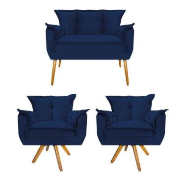Imagem de Kit Namoradeira e 02 Poltronas Opala Base Giratória de Madeira Suede A