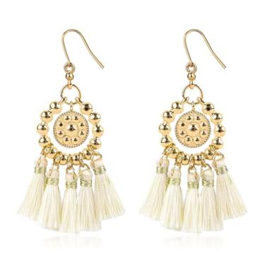 Imagem de Brincos femininos de borla com pingente boêmio, banhado a ouro 14 K, contas de esfera, argola, franja, lustre, círculo, argola, boho, brincos feitos à mão, joia de festa, presente para adolescentes,