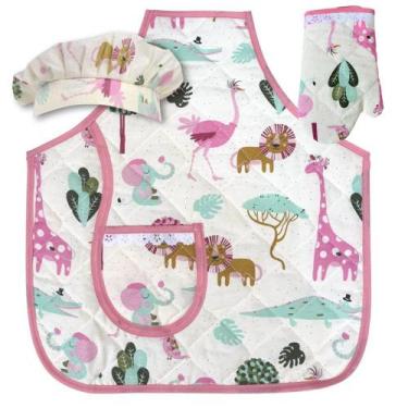 Imagem de Kit Avental Infantil Touca e luva de Cozinha 3 Pçs Safari Rosa - Recan
