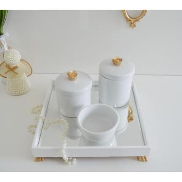 Imagem de Kit Higiene K049 Bandeja MDF Porcelanas Apliques Dourado Quarto Bebê -