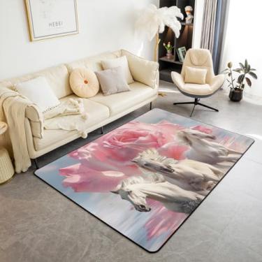 Imagem de Tapete de chão interno de cavalo 3D 13 x 18, tapete de área de cavalo galopante branco para adultos, homens e mulheres, tapete de céu floral rosa rosa, tapete decorativo de animais de fazenda para