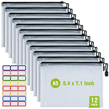 Imagem de 12 unidades de sacos de arquivo de plástico com zíper, pastas de arquivos de documentos à prova d'água resistentes a rasgos, bolsa organizadora de documentos tamanho A5 para escola, escritório, casa,