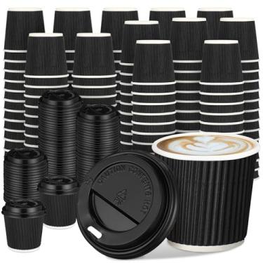 Imagem de Uiifan Conjunto de 100 copos de café descartáveis de 118 ml com tampas de papel ondulado ondulado copos de café descartáveis isolados copos quentes para chocolate quente, chá e bebidas de cacau