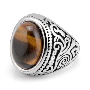 Imagem de SeiMios Anel de pedra vintage retrô de aço inoxidável olho de tigre/turquesa para homens tamanho 7-12, Aço inoxidável, Sem pedra preciosa