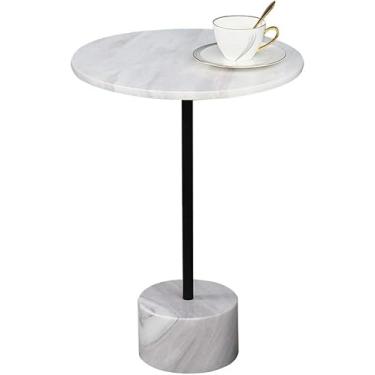 Imagem de Mesa de centro simples, redonda, branca, pequena, mesa de canto de mármore natural, adequada para sala de estar, quarto, varanda, canto, 40 × 40 × 50 cm