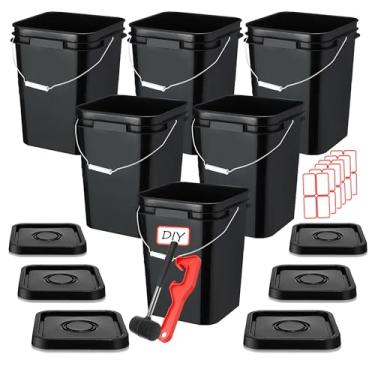 Imagem de CAMATET Balde de 5 galões com tampa, balde quadrado de plástico de grau alimentício com alças de metal, recipientes de armazenamento industrial resistente com adesivos, martelo de borracha, abridor de