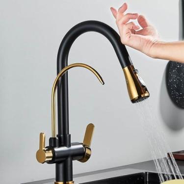 Imagem de Filtro de sensor de toque Torneira de cozinha de água 2 em 1 Preto Coloque para fora Torneiras de pia de modos duplos para cozinha Torneira misturadora de água pura, Preto Dourado