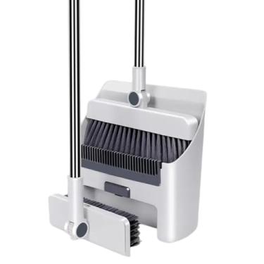Imagem de Conjunto combo de vassoura com pá de lixo, vassoura 3 em 1 para varrer ambientes internos e externos com bandeja de poeira, conjunto de vassoura de cabo longo ajustável de 14,2 a 124 cm (branco)