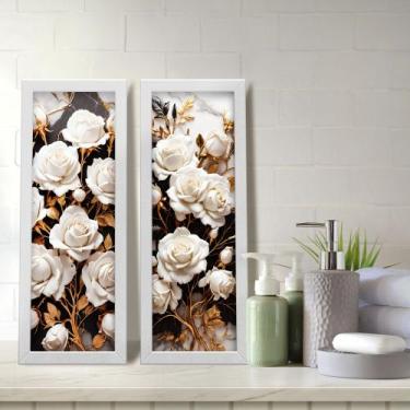 Imagem de Kit 2 Quadros Decorativos Lavabo Rosas Floral Flores Preto Branco Dour