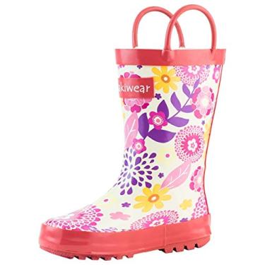 Imagem de OAKI Botas de chuva infantis – Botas de borracha leves à prova d'água para crianças com alças fáceis de calçar – Calçado infantil durável para uso ao ar livre, Flores rosa, 15