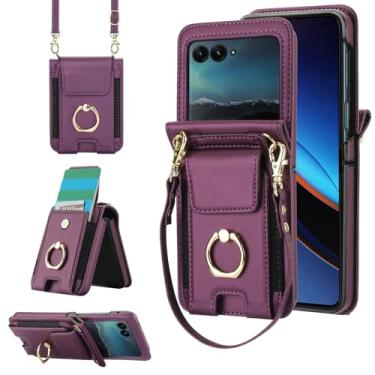 Imagem de Capa carteira dobrável de couro para Motorola Razr 50, compartimento elástico, suporte de anel giratório de 360°, alça de pulso removível e cordão ajustável para mulher (roxo escuro)