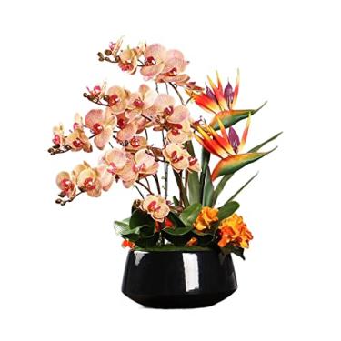 Imagem de LICONG-2020 Decoração de primavera - Orquídea borboleta artificial simulação de flor Phalaenopsis Bonsai com vaso de cerâmica, festa de casamento, decoração de peça central, plantas artificiais