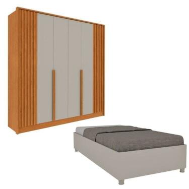 Imagem de Guarda-Roupa 6 portas com Espelho Ripado Nova York e Cama Solteiro Monaco Espresso Móveis Cinamomo/Off White