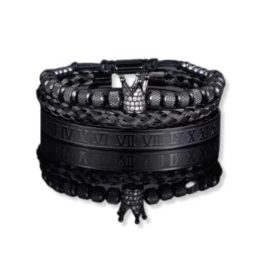 Imagem de Kit de Pulseiras Masculinas Luxo, Preto com Coroa Cravejada, 3 Peças com Números Romanos