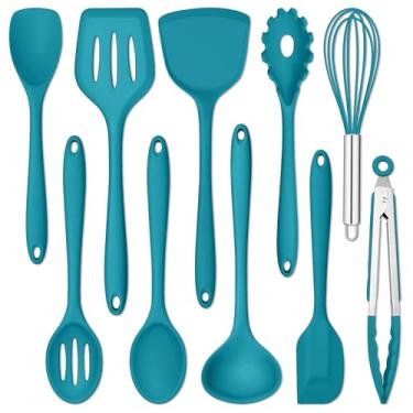 Imagem de E-far Conjunto de 10 utensílios de cozinha de silicone, resistente ao calor, para panelas antiaderentes, utensílios de cozinha com espátula, colher, virador de fenda, não tóxico e pode ser lavado na